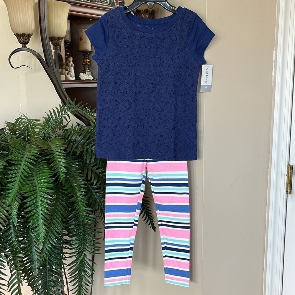 Brand New Carter’s 2-Piece Set Blue Lacy Short Sleeve Top & Striped Leggings